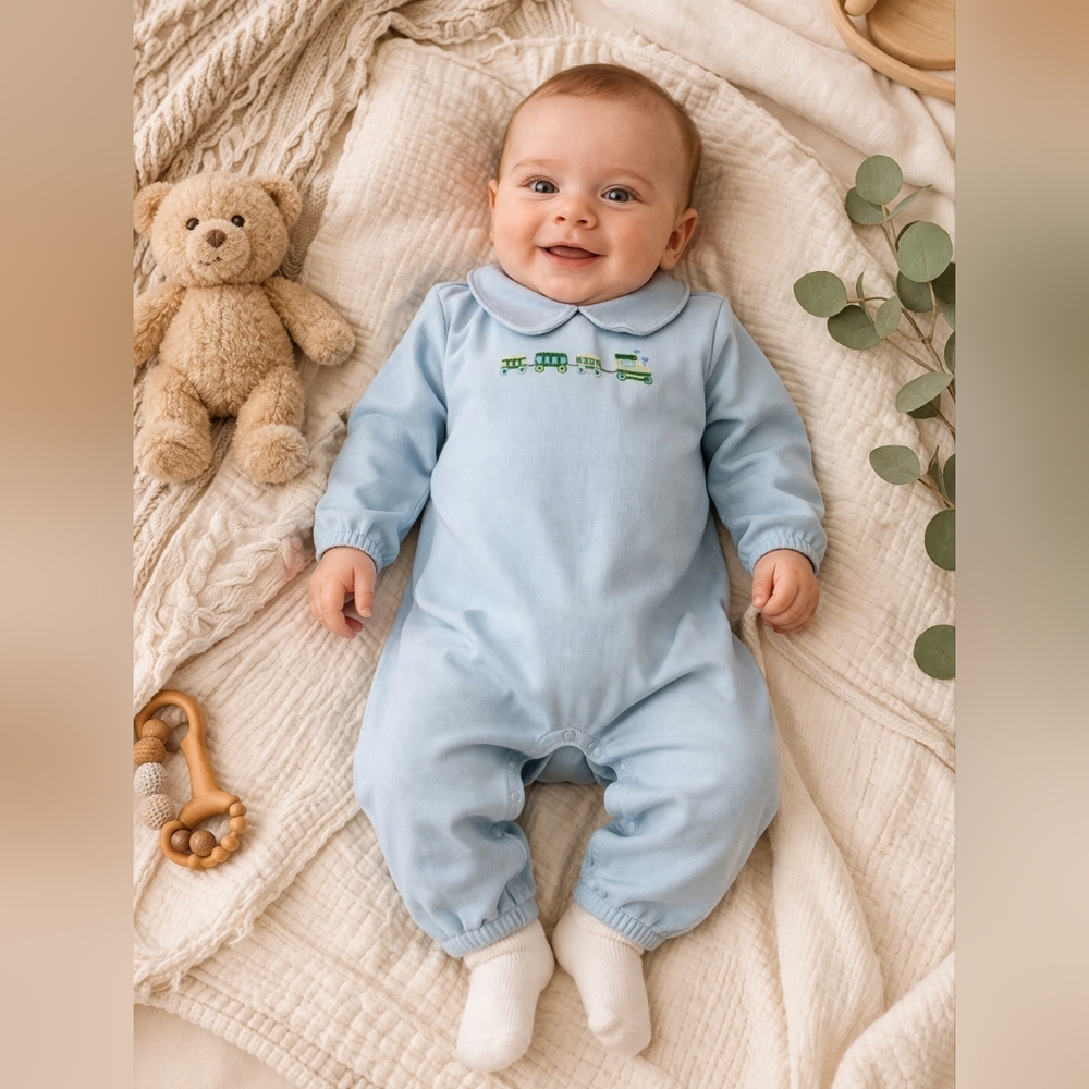 TBBC The Beaufort Bonnet Company Train Romper3–6M Pima Cotton Blue Classic Baby